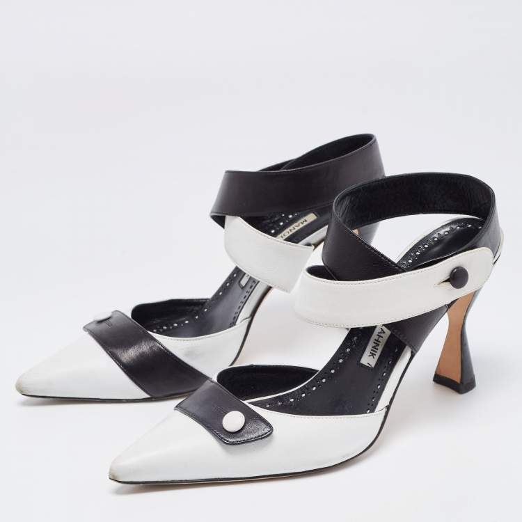 Pre Owned Manolo Blahnik White/Black Leather Ankle Wrap Pumps Size 38