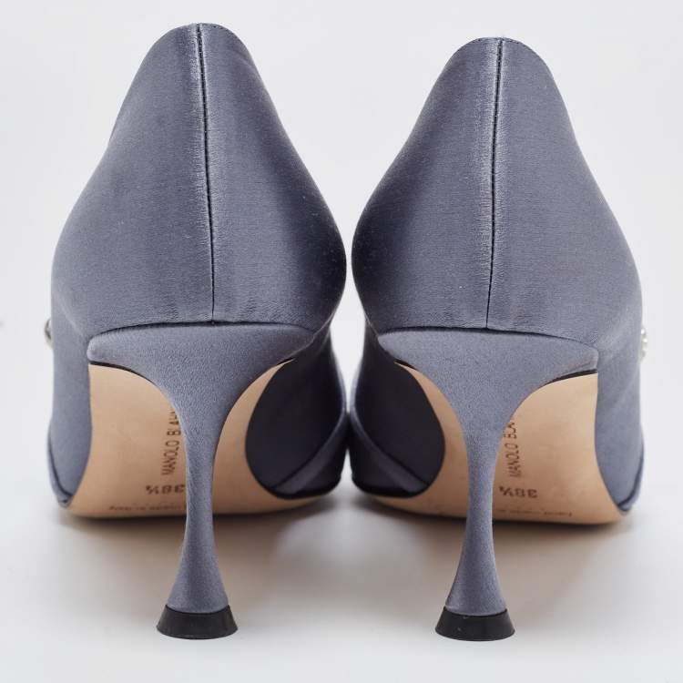 Pre Owned Manolo Blahnik Grey Satin Crystal Embellished Mary Jane Pointed Toe Pumps Size 38.5