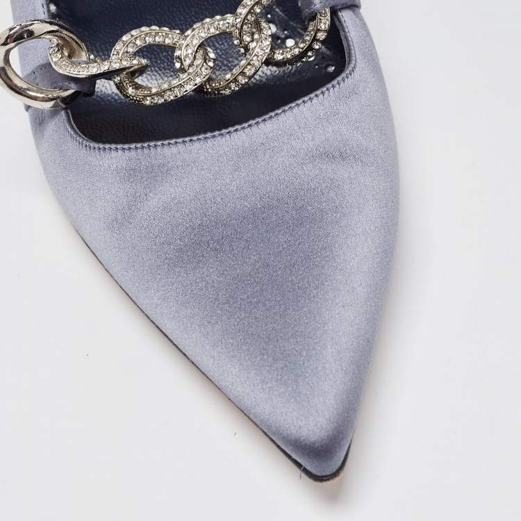 Pre Owned Manolo Blahnik Grey Satin Crystal Embellished Mary Jane Pointed Toe Pumps Size 38.5