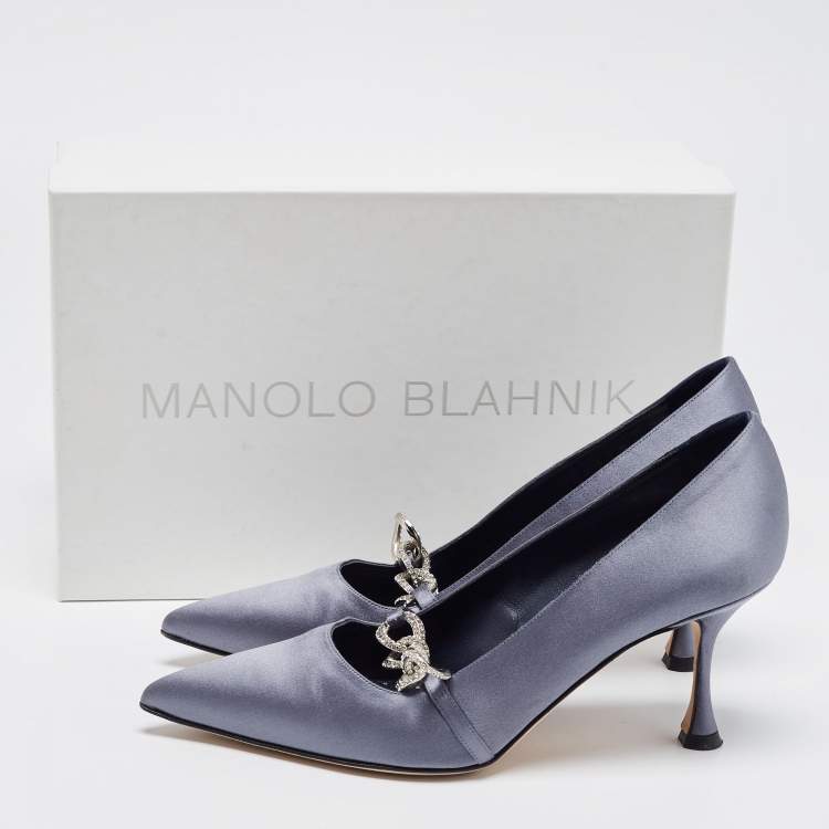 Pre Owned Manolo Blahnik Grey Satin Crystal Embellished Mary Jane Pointed Toe Pumps Size 38.5