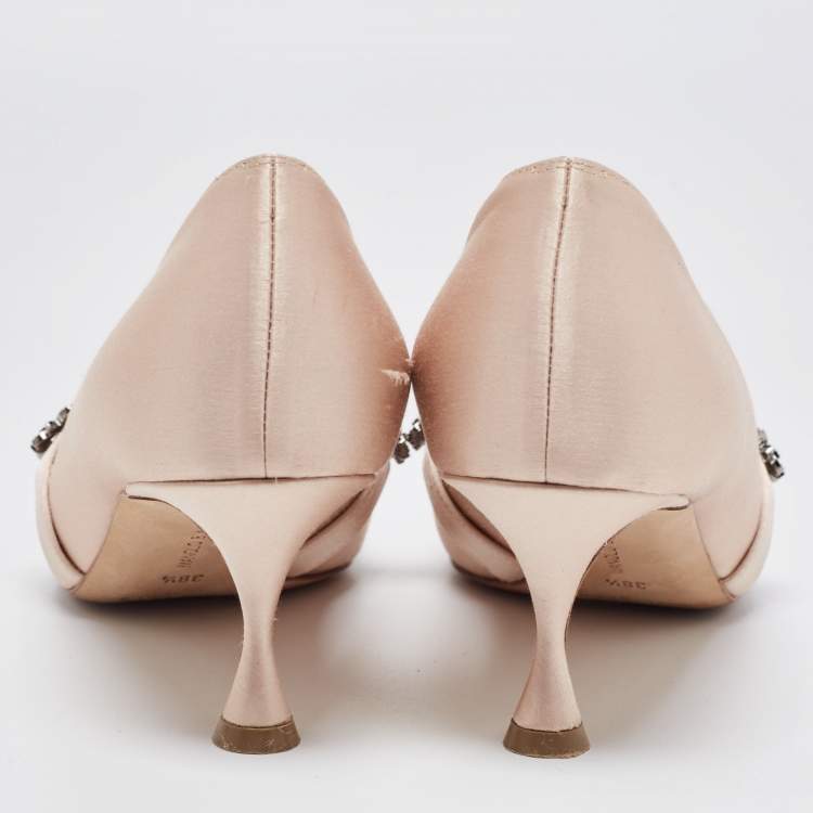 Pre Owned Manolo Blahnik Beige Satin Crystal Embellished Mary Jane Pointed Toe Pumps Size 38.5