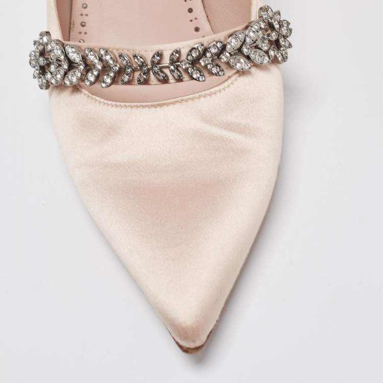 Pre Owned Manolo Blahnik Beige Satin Crystal Embellished Mary Jane Pointed Toe Pumps Size 38.5