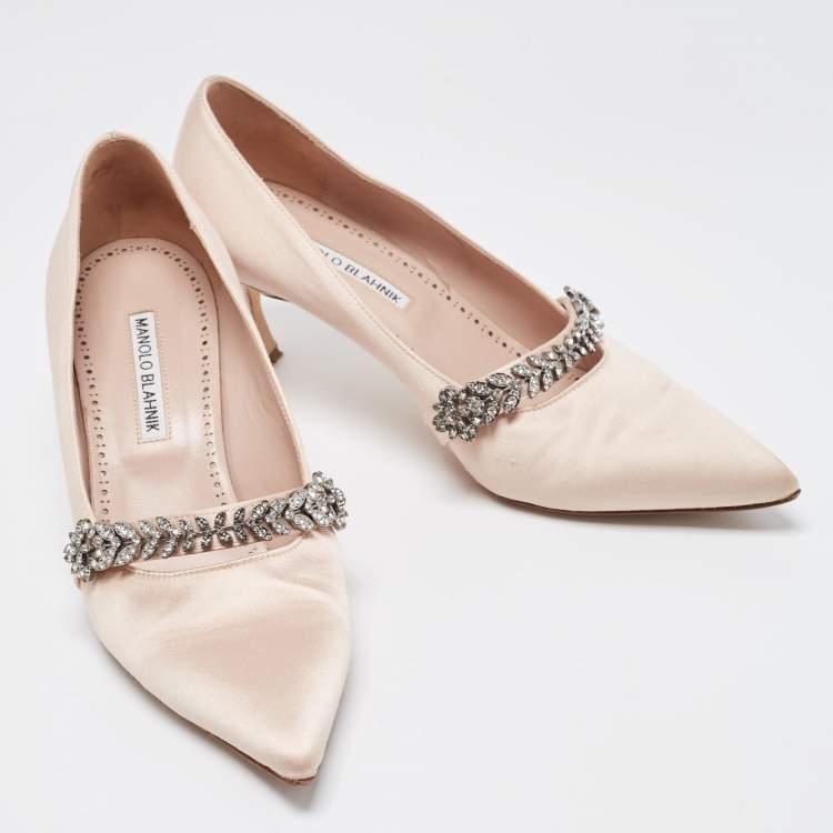 Pre Owned Manolo Blahnik Beige Satin Crystal Embellished Mary Jane Pointed Toe Pumps Size 38.5