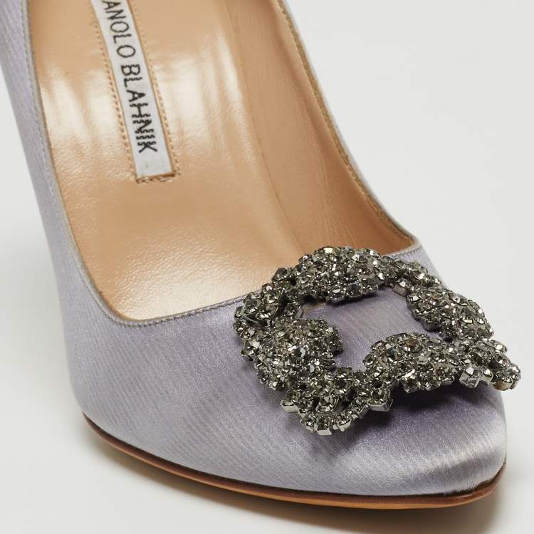 Pre Owned Manolo Blahnik Purple Satin Hangisi Crystal Embellished Pointed Toe Pumps Size 37.5
