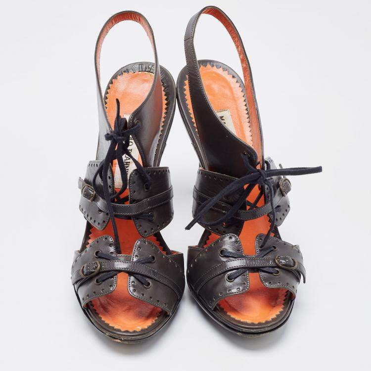 Pre Owned Manolo Blahnik Grey Leather Lace Up Slingback Sandals Size 39