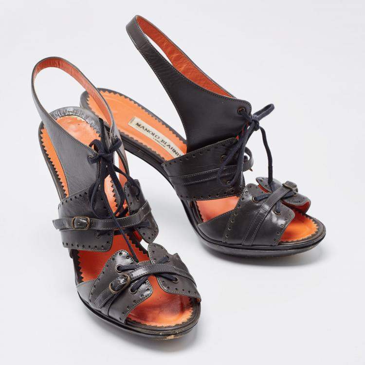Pre Owned Manolo Blahnik Grey Leather Lace Up Slingback Sandals Size 39