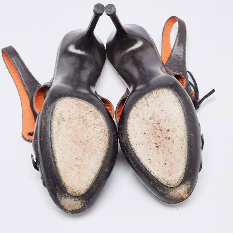 Pre Owned Manolo Blahnik Grey Leather Lace Up Slingback Sandals Size 39