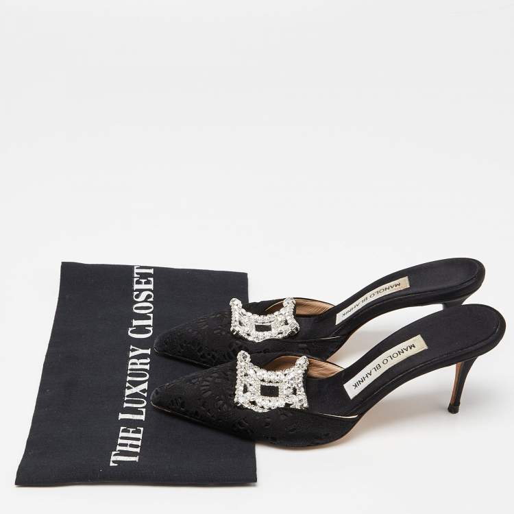 Pre Owned Manolo Blahnik Black Laser Cut Suede Crystal Embellished Borli Mules Size 36