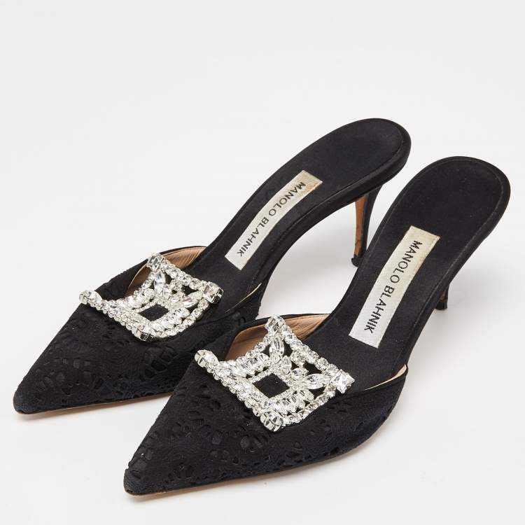 Pre Owned Manolo Blahnik Black Laser Cut Suede Crystal Embellished Borli Mules Size 36