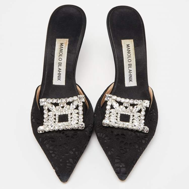 Pre Owned Manolo Blahnik Black Laser Cut Suede Crystal Embellished Borli Mules Size 36