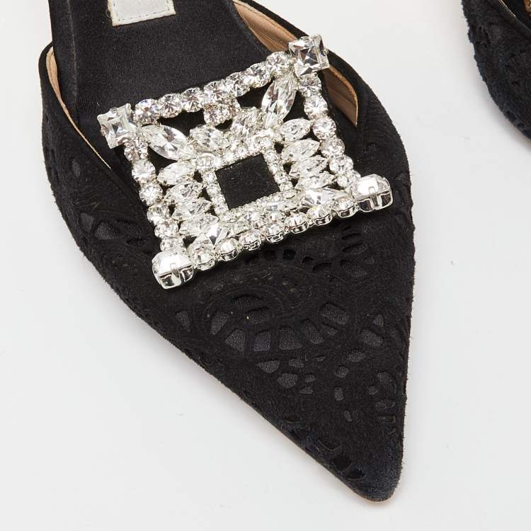 Pre Owned Manolo Blahnik Black Laser Cut Suede Crystal Embellished Borli Mules Size 36