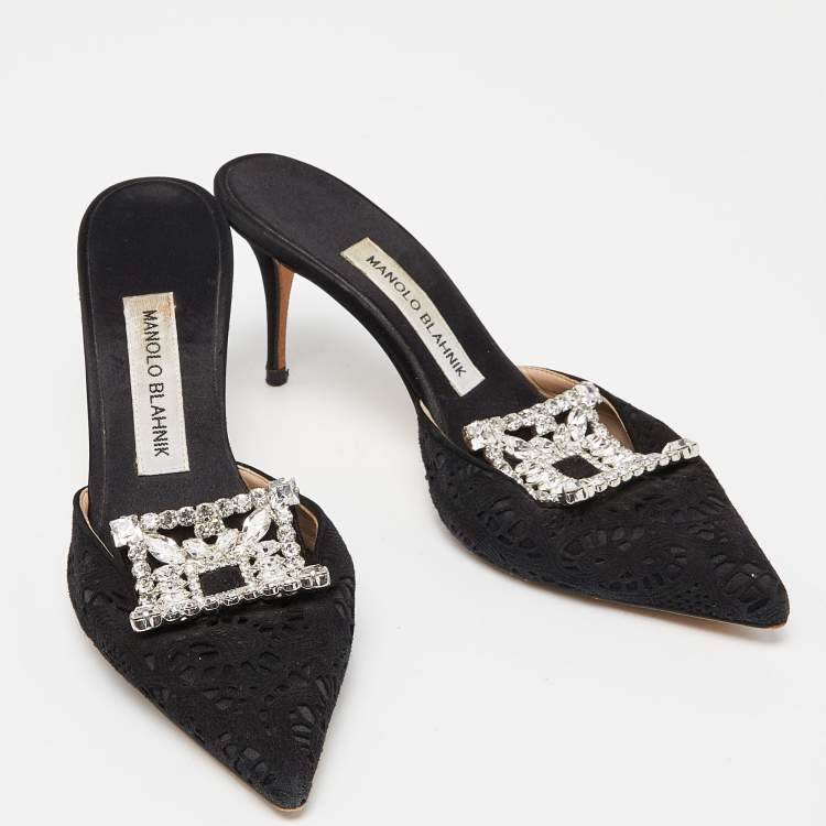 Pre Owned Manolo Blahnik Black Laser Cut Suede Crystal Embellished Borli Mules Size 36