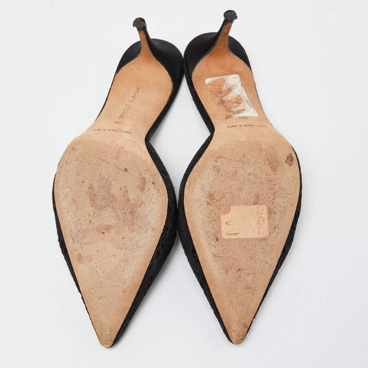 Pre Owned Manolo Blahnik Black Laser Cut Suede Crystal Embellished Borli Mules Size 36