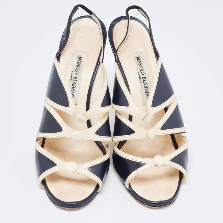 Pre Owned Manolo Blahnik Cream/Blue Leather Wedge Slingback Sandals Size 39