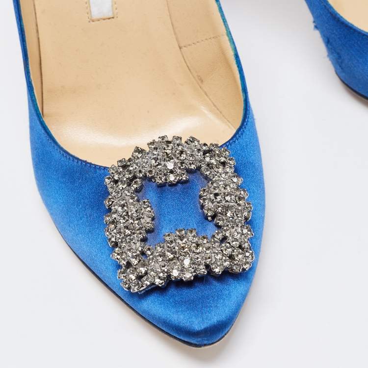 Pre Owned Manolo Blahnik Blue Satin Hangisi Pumps Size 37.5