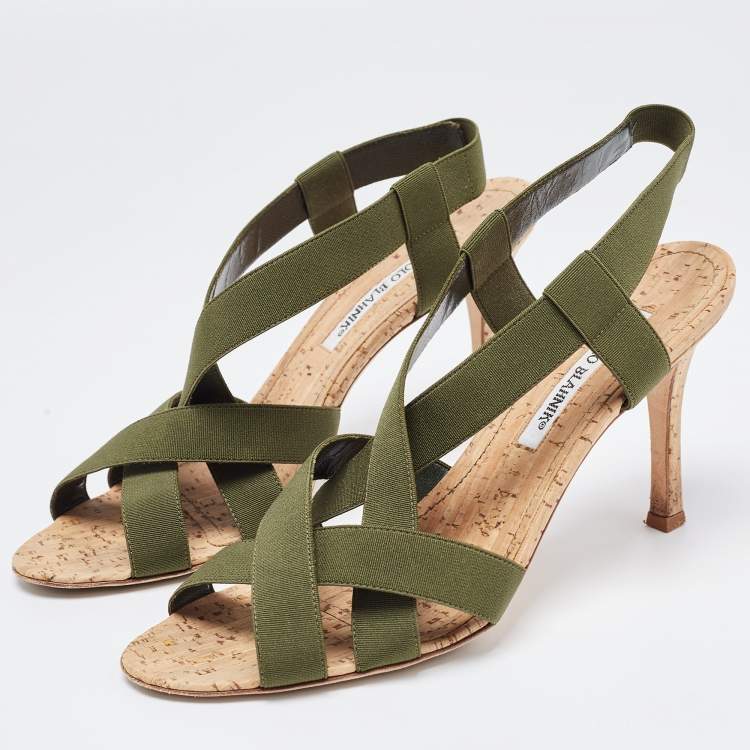 Pre Owned Manolo Blahnik Green Elastic Cork Strappy Sandals Size 39