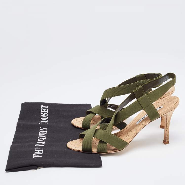 Pre Owned Manolo Blahnik Green Elastic Cork Strappy Sandals Size 39