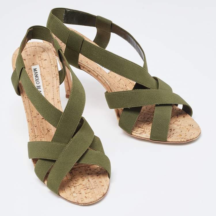 Pre Owned Manolo Blahnik Green Elastic Cork Strappy Sandals Size 39