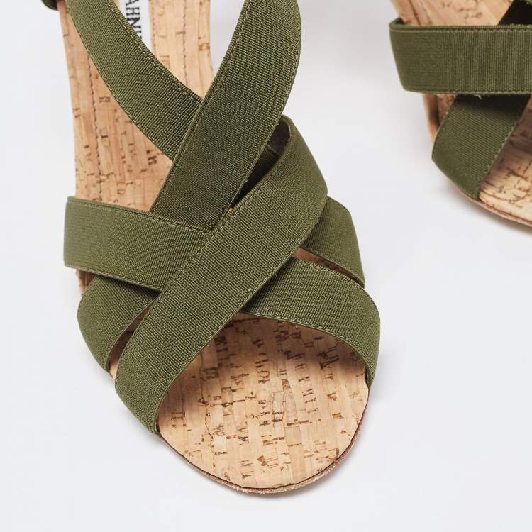 Pre Owned Manolo Blahnik Green Elastic Cork Strappy Sandals Size 39
