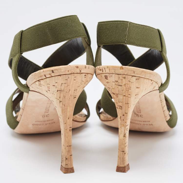 Pre Owned Manolo Blahnik Green Elastic Cork Strappy Sandals Size 39