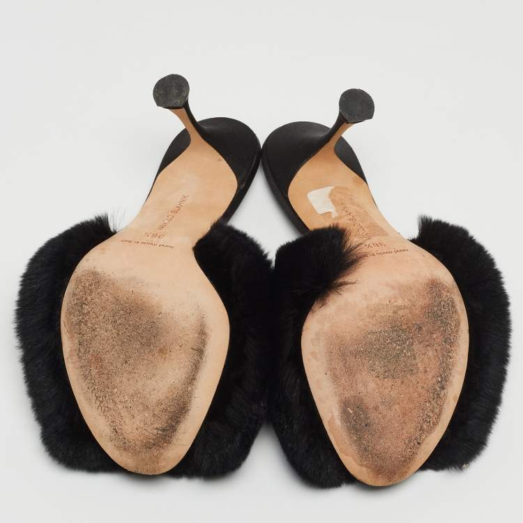 Pre Owned Manolo Blahnik Black Fur Slide Sandals Size 36.5