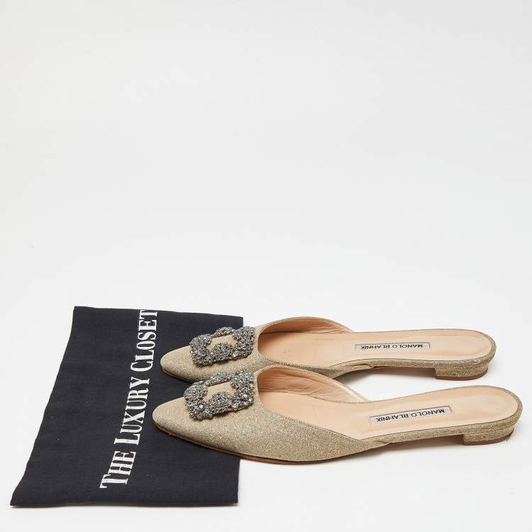 Pre Owned Manolo Blahnik Beige Lurex Fabric Hangisi Flat Mules Size 39