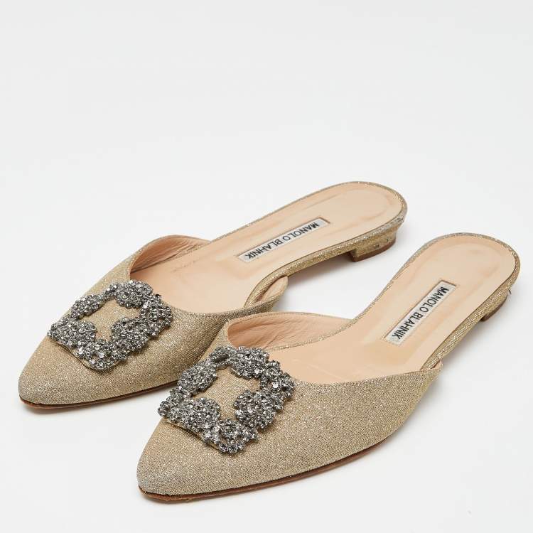 Pre Owned Manolo Blahnik Beige Lurex Fabric Hangisi Flat Mules Size 39