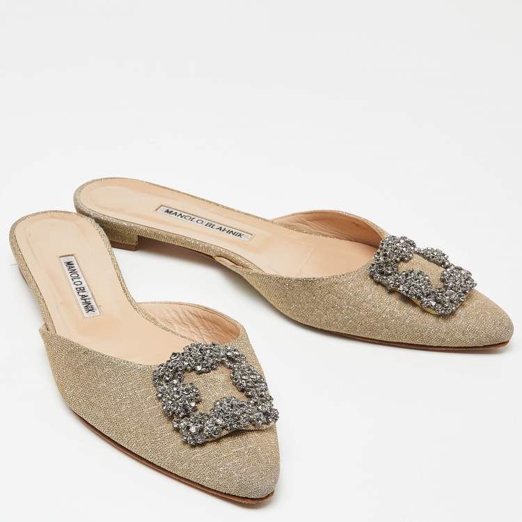 Pre Owned Manolo Blahnik Beige Lurex Fabric Hangisi Flat Mules Size 39