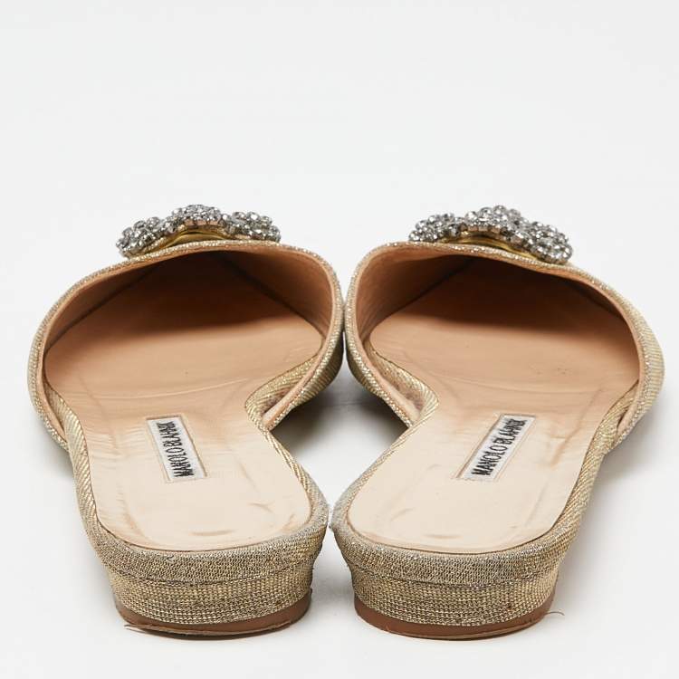 Pre Owned Manolo Blahnik Beige Lurex Fabric Hangisi Flat Mules Size 39