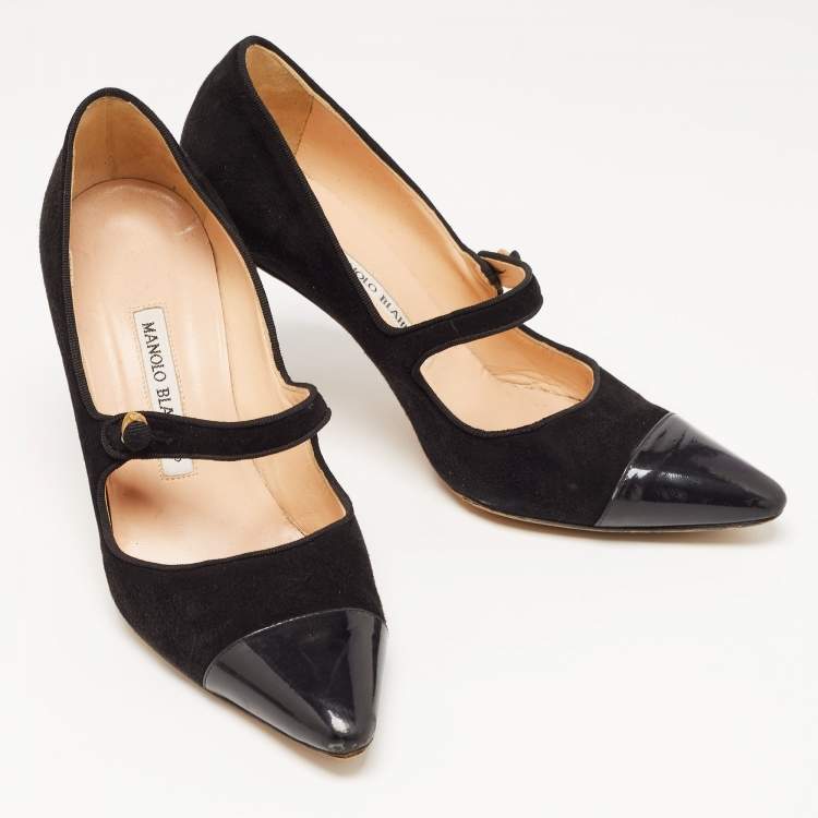 Pre Owned Manolo Blahnik Black Suede and Patent Campari Pumps Size 38