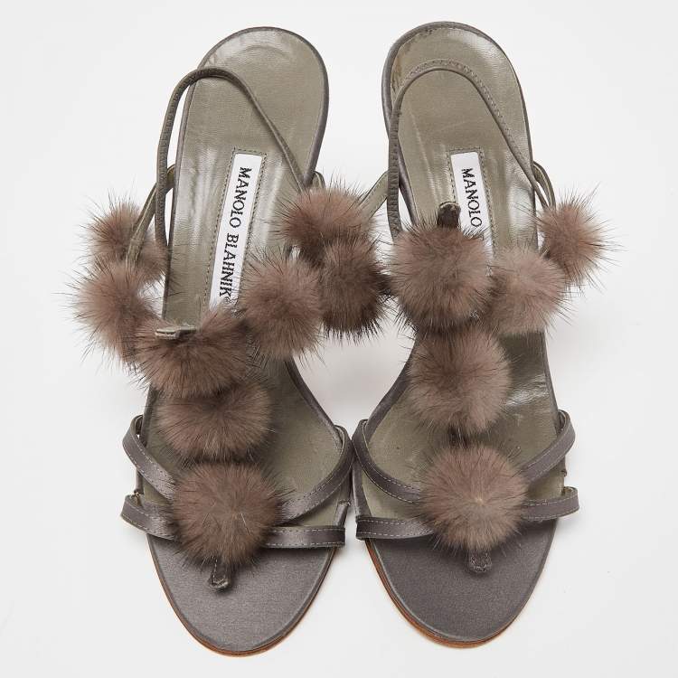 Pre Owned Manolo Blahnik Grey Satin and Mink Pom Pom T-Bar Slingback Sandals Size 38