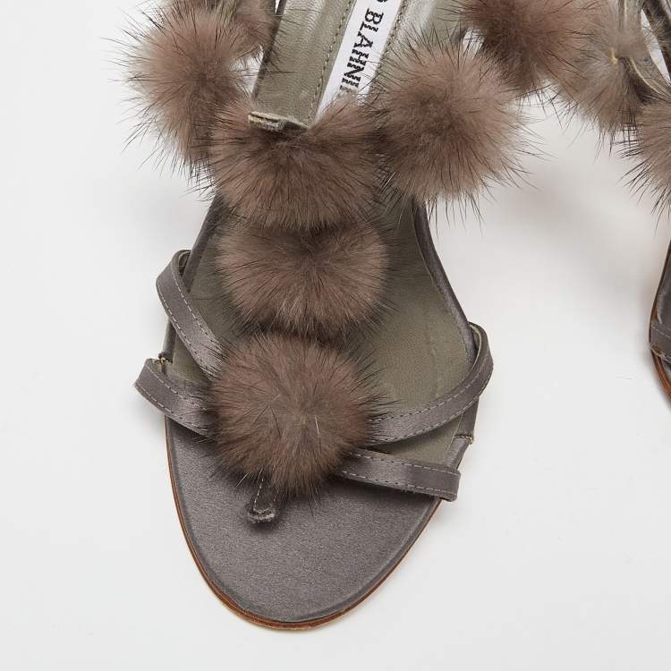 Pre Owned Manolo Blahnik Grey Satin and Mink Pom Pom T-Bar Slingback Sandals Size 38