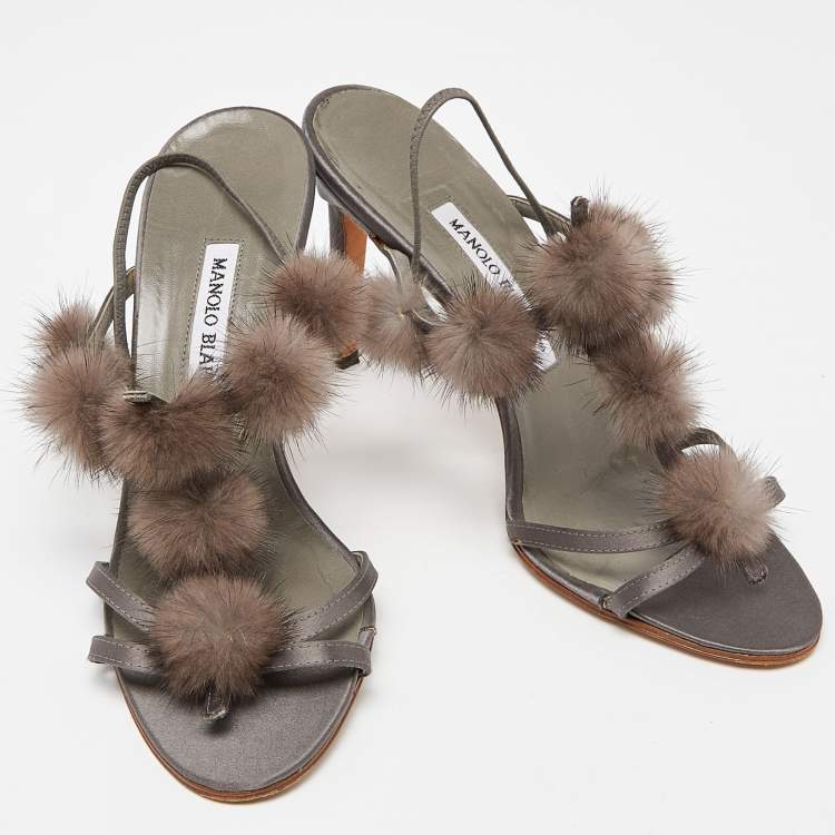 Pre Owned Manolo Blahnik Grey Satin and Mink Pom Pom T-Bar Slingback Sandals Size 38