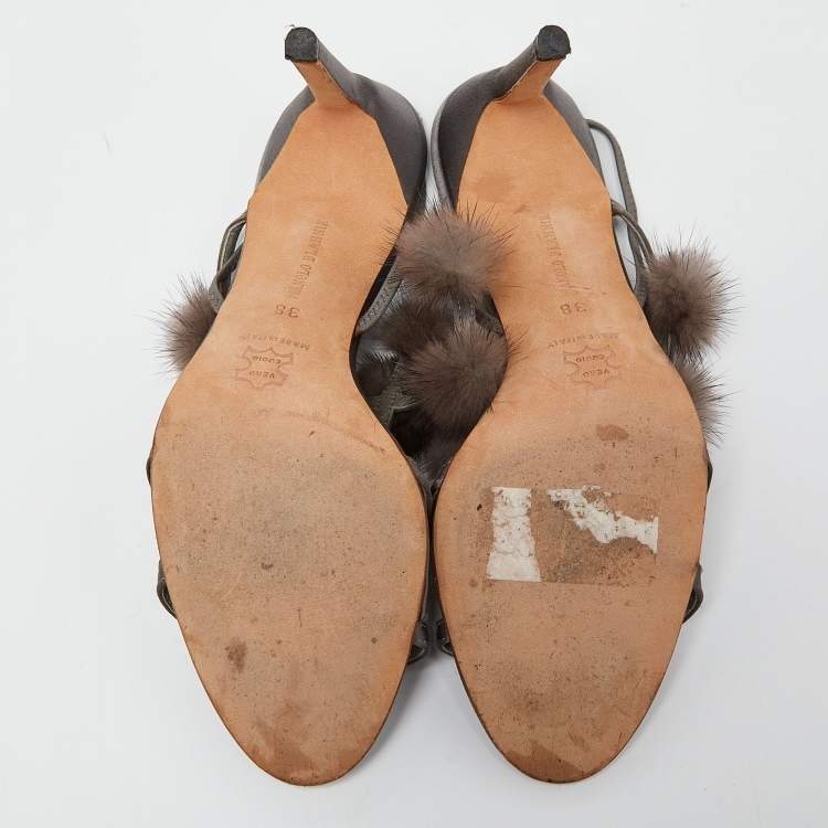 Pre Owned Manolo Blahnik Grey Satin and Mink Pom Pom T-Bar Slingback Sandals Size 38