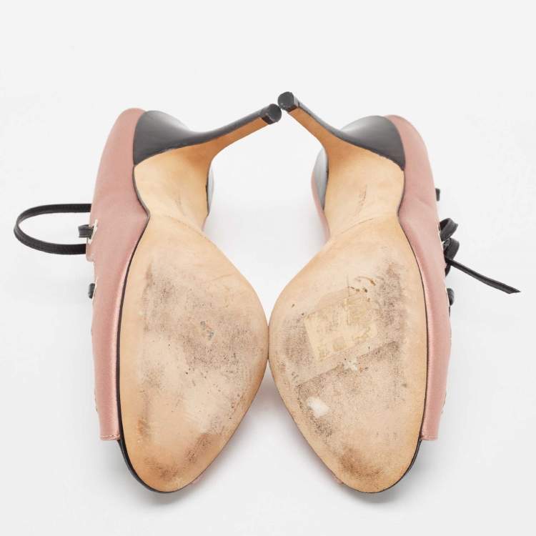Pre Owned Manolo Blahnik Pink/Black Satin and Leather Ankle Wrap Sandals Size 36
