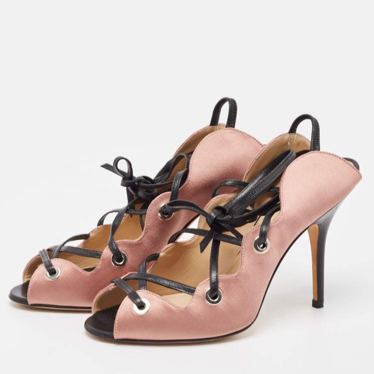 Pre Owned Manolo Blahnik Pink/Black Satin and Leather Ankle Wrap Sandals Size 36