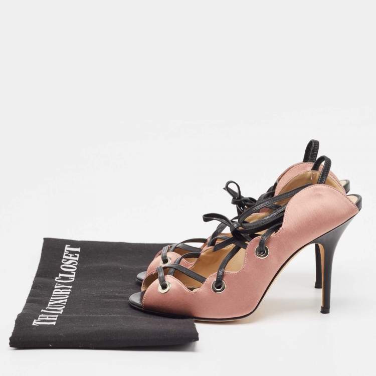 Pre Owned Manolo Blahnik Pink/Black Satin and Leather Ankle Wrap Sandals Size 36
