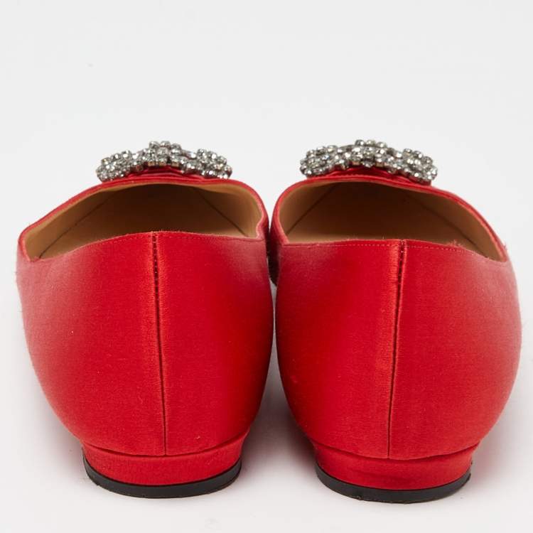Pre Owned Manolo Blahnik Red Satin Hangisi Ballet Flats Size 37