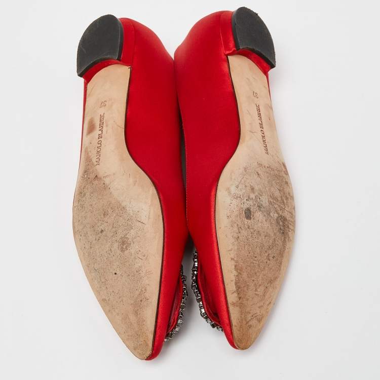 Pre Owned Manolo Blahnik Red Satin Hangisi Ballet Flats Size 37