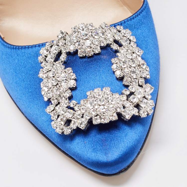 Pre Owned Manolo Blahnik Blue Satin Hangisi Crystal Embellished Pointed Toe Pumps Size 38.5