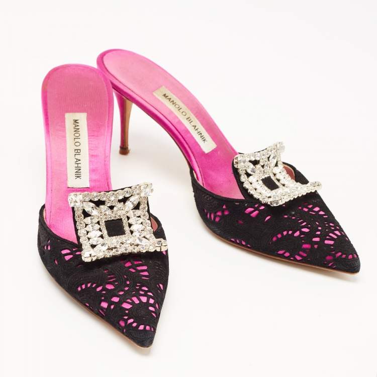 Pre Owned Manolo Blahnik Pink/Black  Satin and Lace Borli Crystal Embellished Mules Size 39.5 