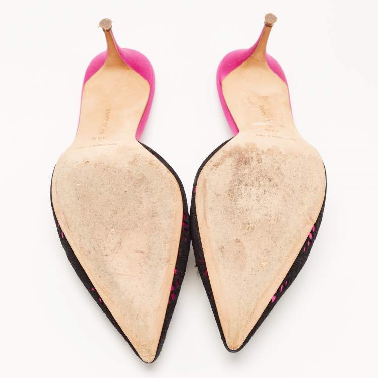 Pre Owned Manolo Blahnik Pink/Black  Satin and Lace Borli Crystal Embellished Mules Size 39.5 
