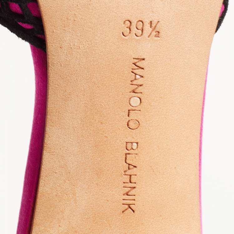 Pre Owned Manolo Blahnik Pink/Black  Satin and Lace Borli Crystal Embellished Mules Size 39.5 