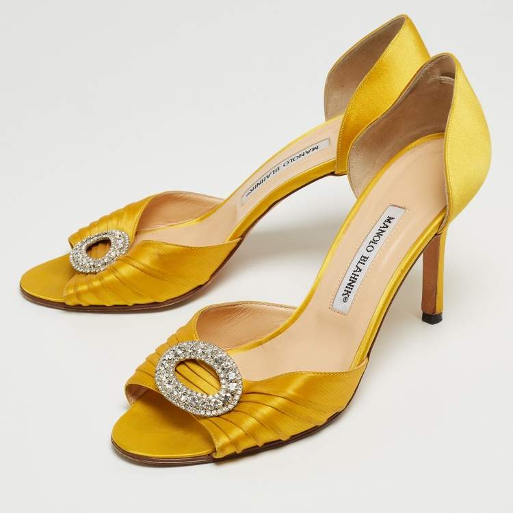 Pre Owned Manolo Blahnik Yellow Pleated Satin Sedaraby D'orsay Sandals Size 39.5