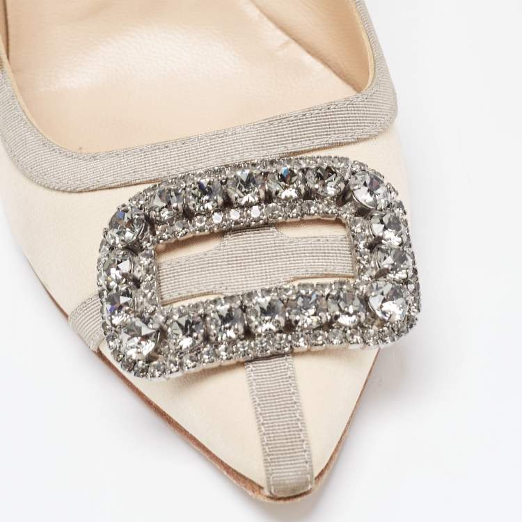 Pre Owned Manolo Blahnik Cream/Grey Satin Gotrian Crystals Pumps Size  37.5
