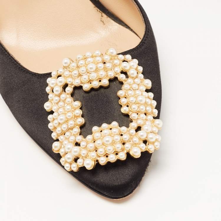 Pre Owned Manolo Blahnik Black Satin Hangisi Mules Size 37.5