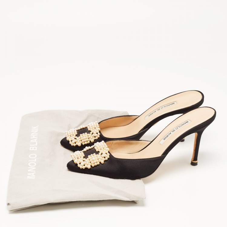 Pre Owned Manolo Blahnik Black Satin Hangisi Mules Size 37.5