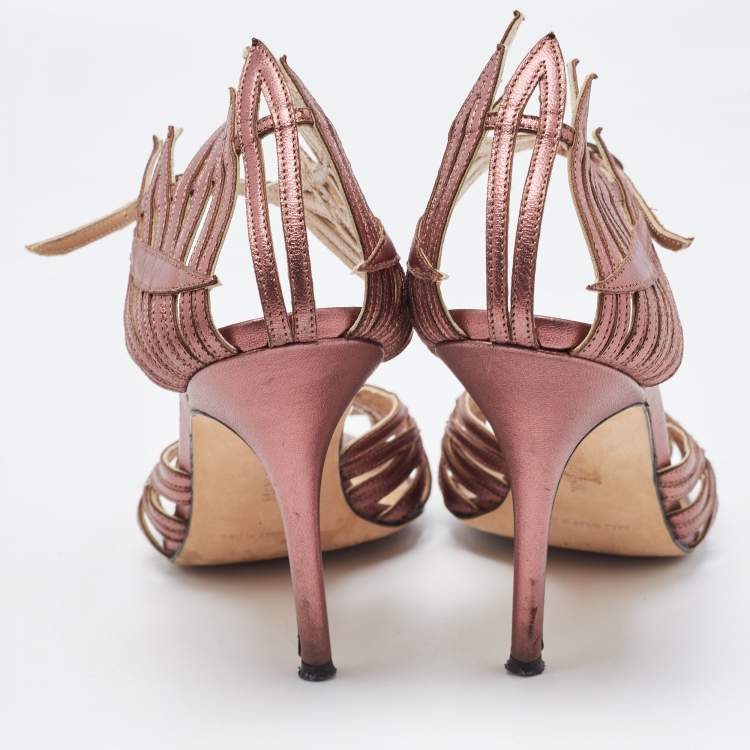 Pre Owned Manolo Blahnik Metallic Leather Ankle Strap Sandals Size 37
