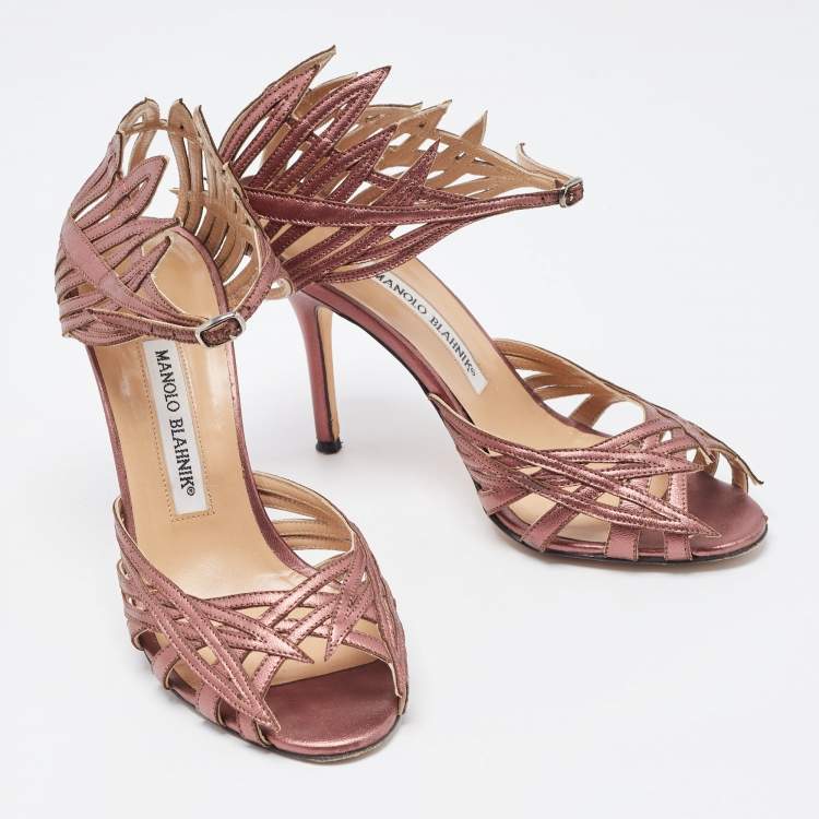 Pre Owned Manolo Blahnik Metallic Leather Ankle Strap Sandals Size 37