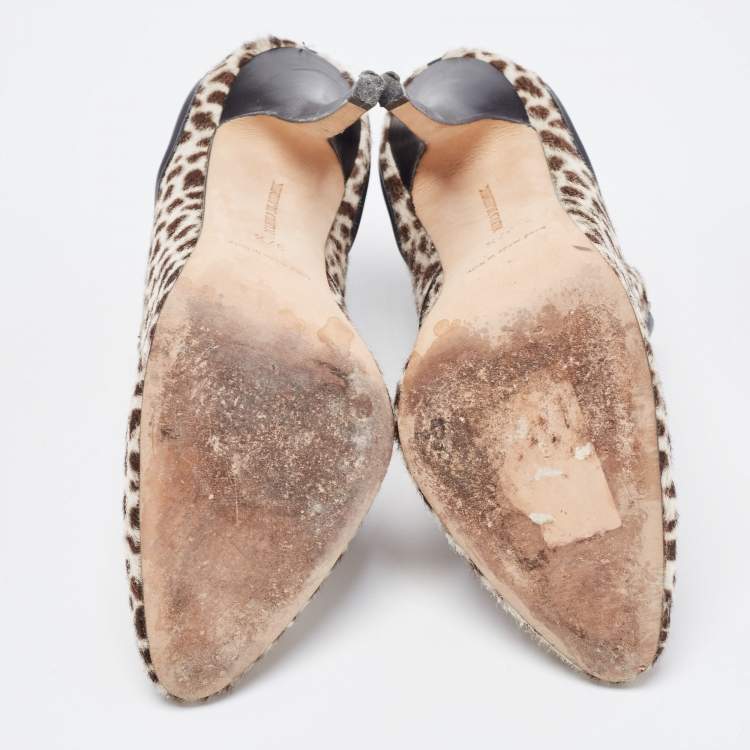 Pre Owned Manolo Blahnik Tricolor Animal Print Calf Hair and Leather Ankle Booties Size 37.5